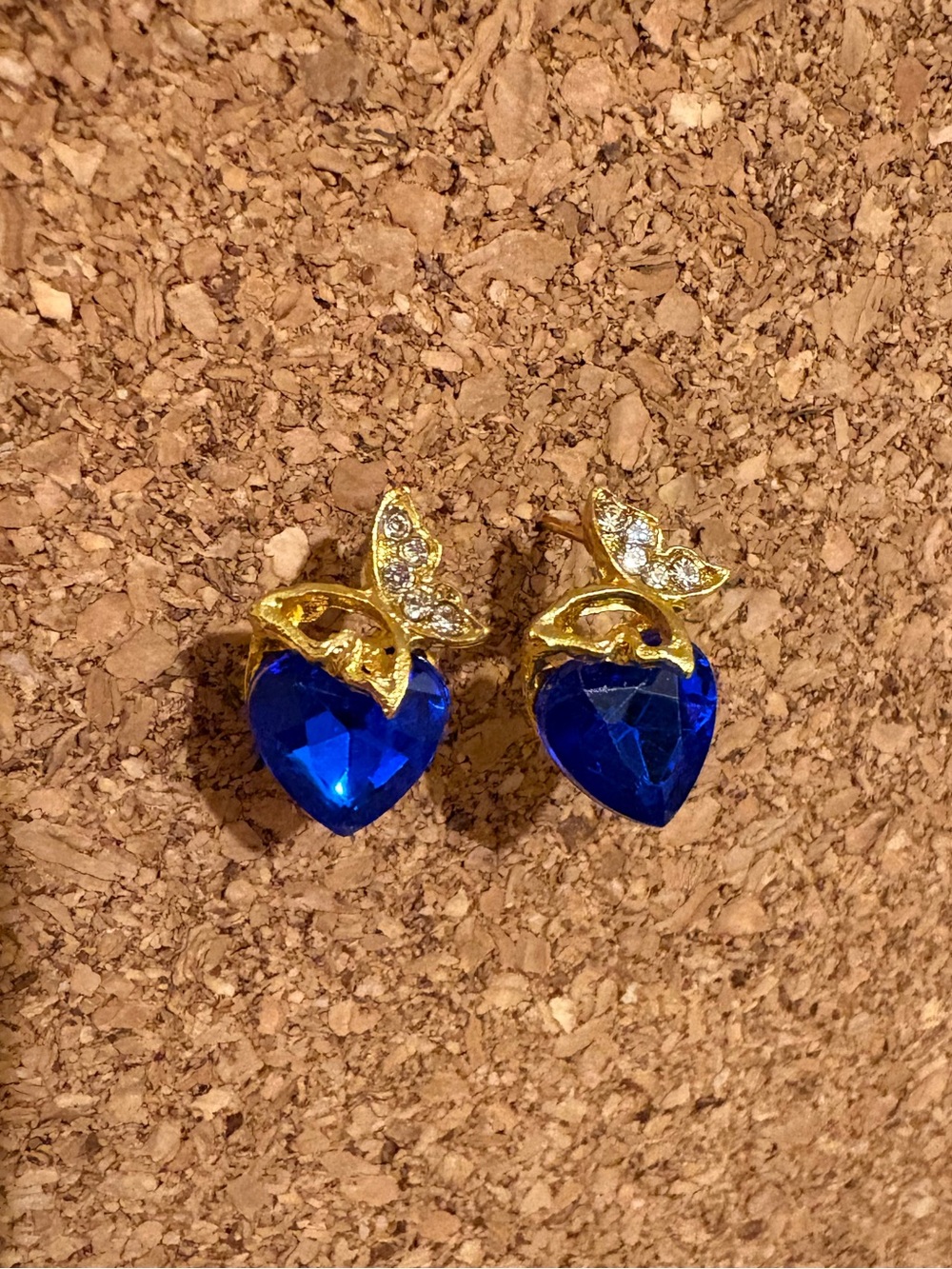 Gold Plated Blue Crystal Heart Stud Earrings